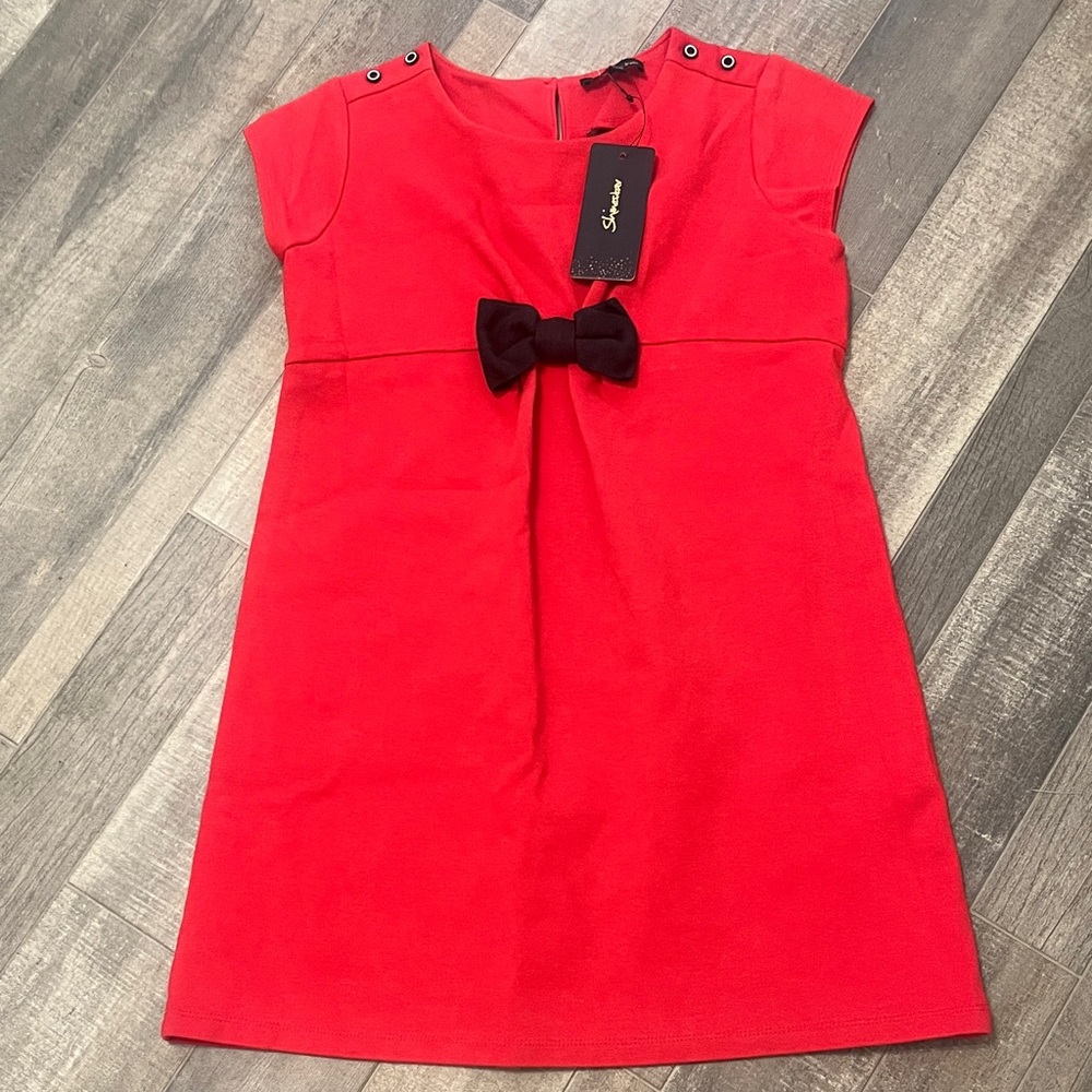Shinestar Vibrant Red Kids Dress with Elegant Black Bow